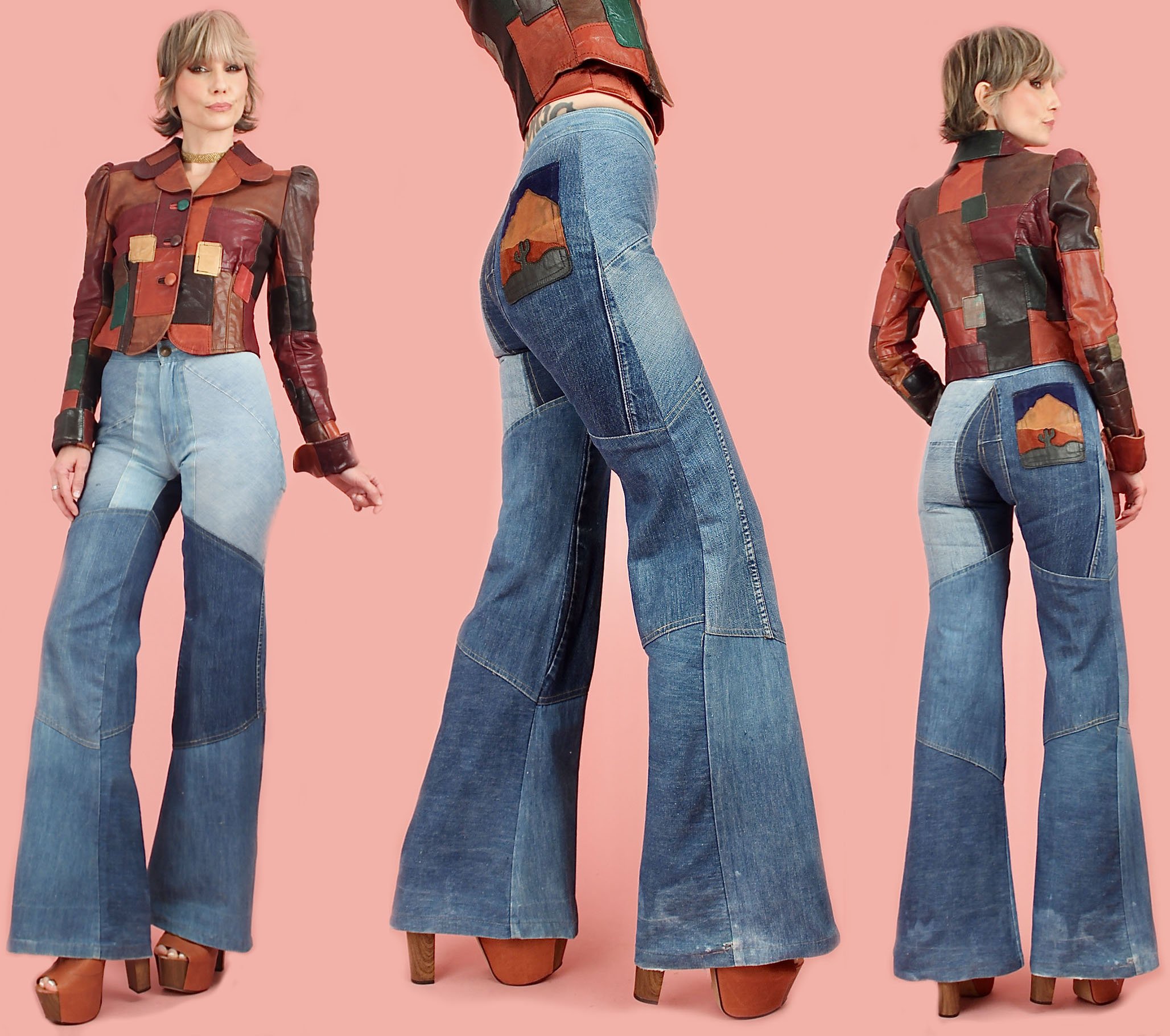 Vintage 70s Selvedge Denim Leather Cactus Pocket Bell Bottoms